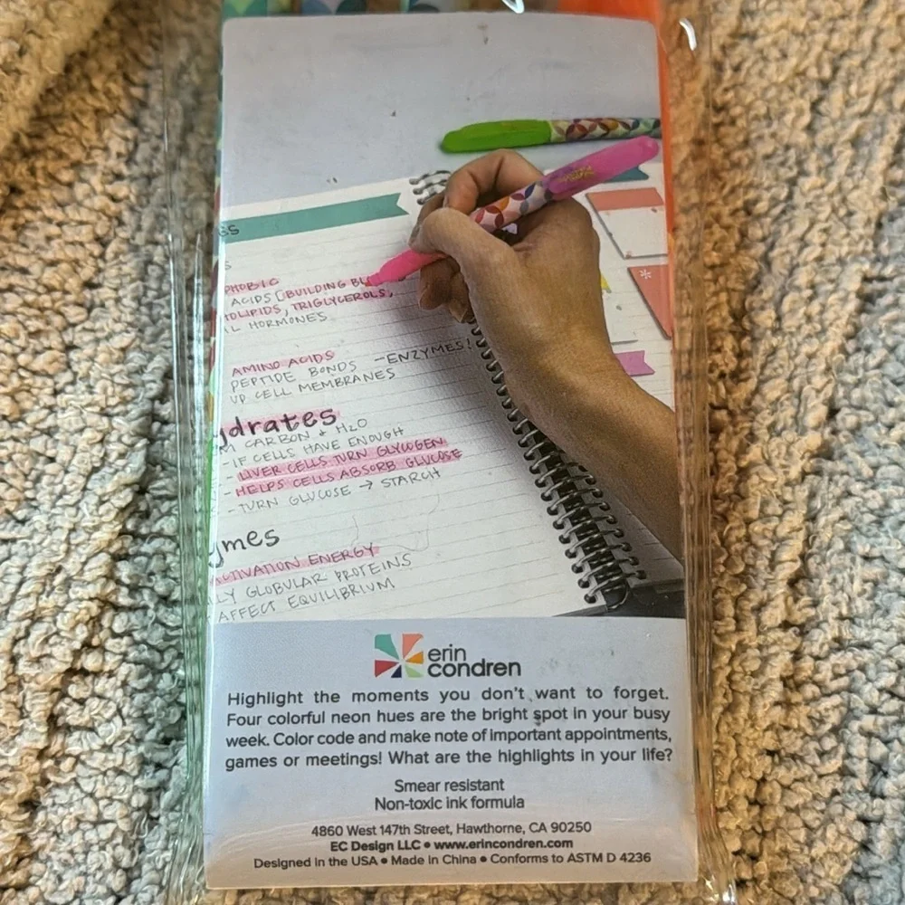 Erin Condren Multicoloror Bright Highlighter Pack of 4 -Pink-Orange-Yellow-Green